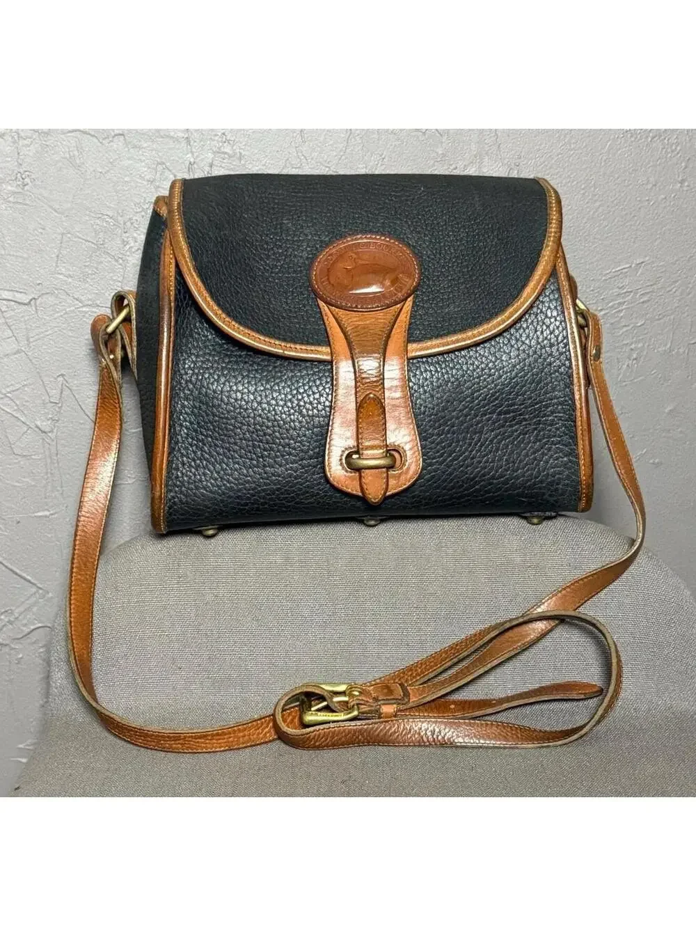 1980's Dooney & Bourke AWL Black + Cognac Brown Essex Bag Pebbled Leather